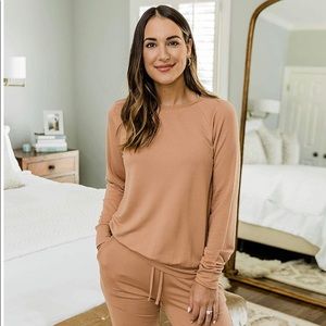 Kathleen Barnes Drop (Amazon) caramel sweatshirt